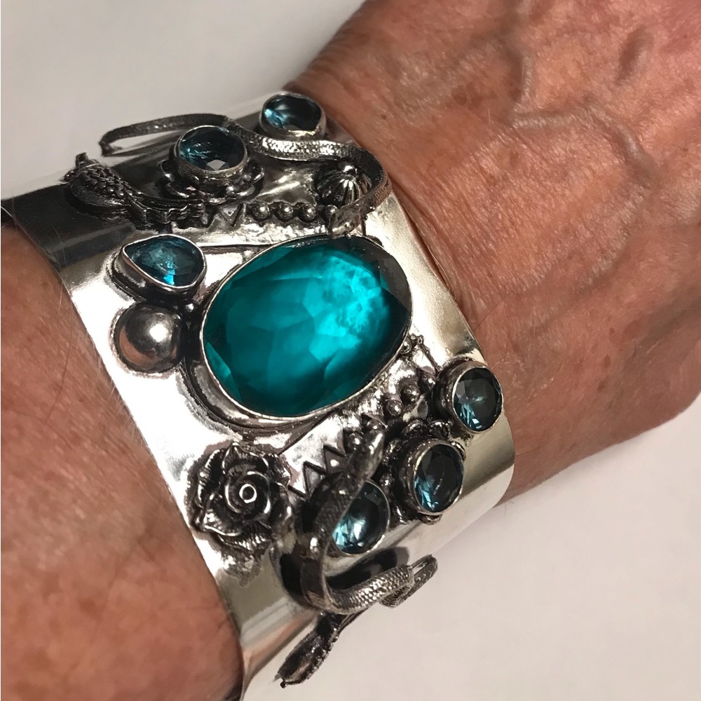 Green Tourmaline Stamped Solid 925 Sterling Silver Cuff Bracelet